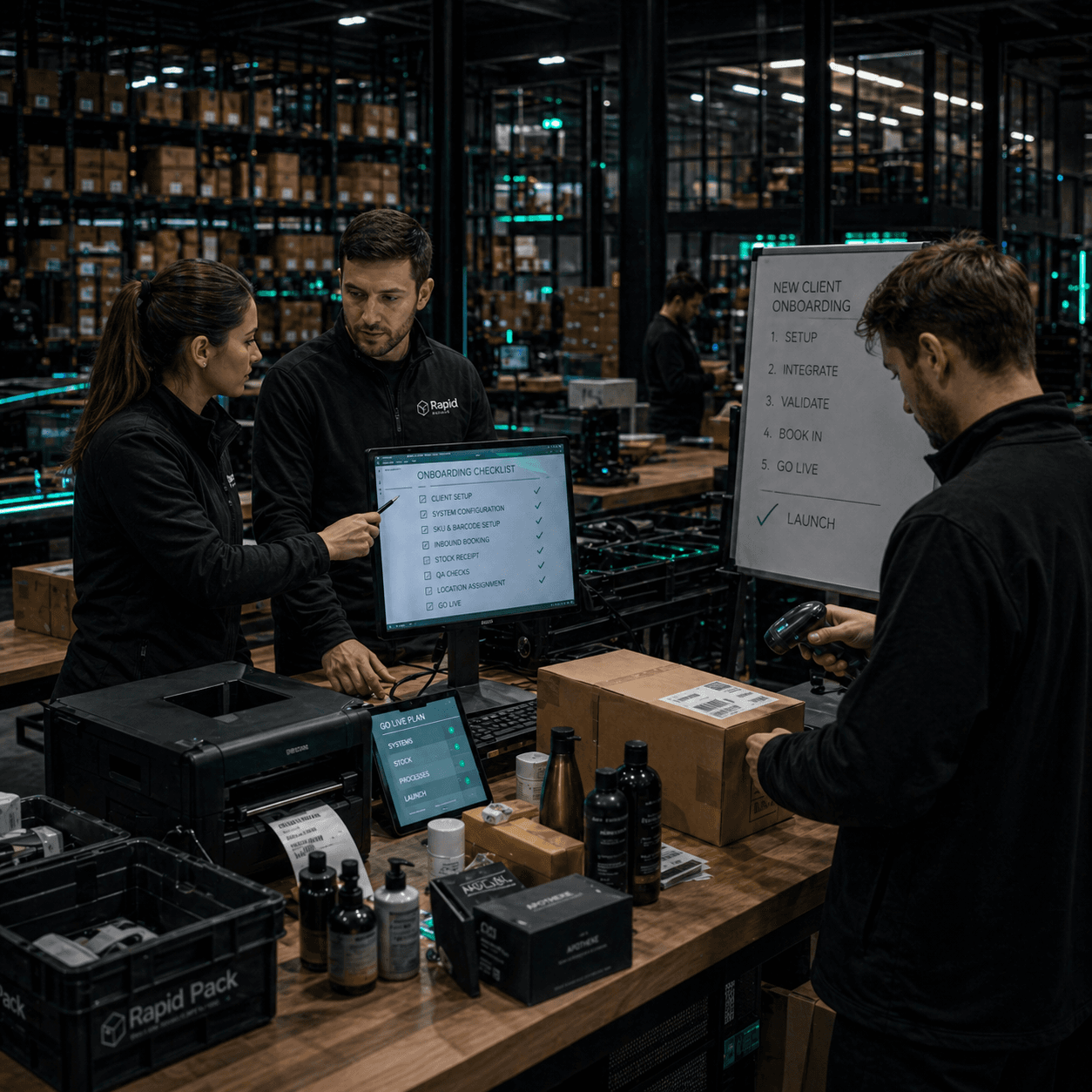Rapid Pack team reviewing a new client onboarding checklist in the warehouse