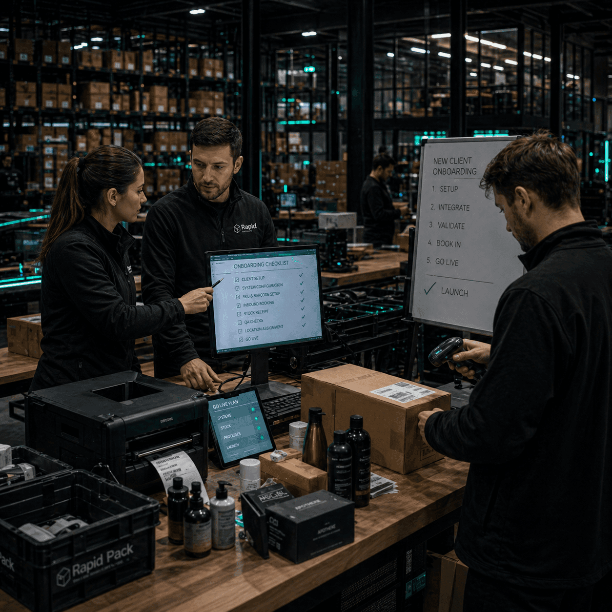 Rapid Pack team reviewing a new client onboarding checklist in the warehouse