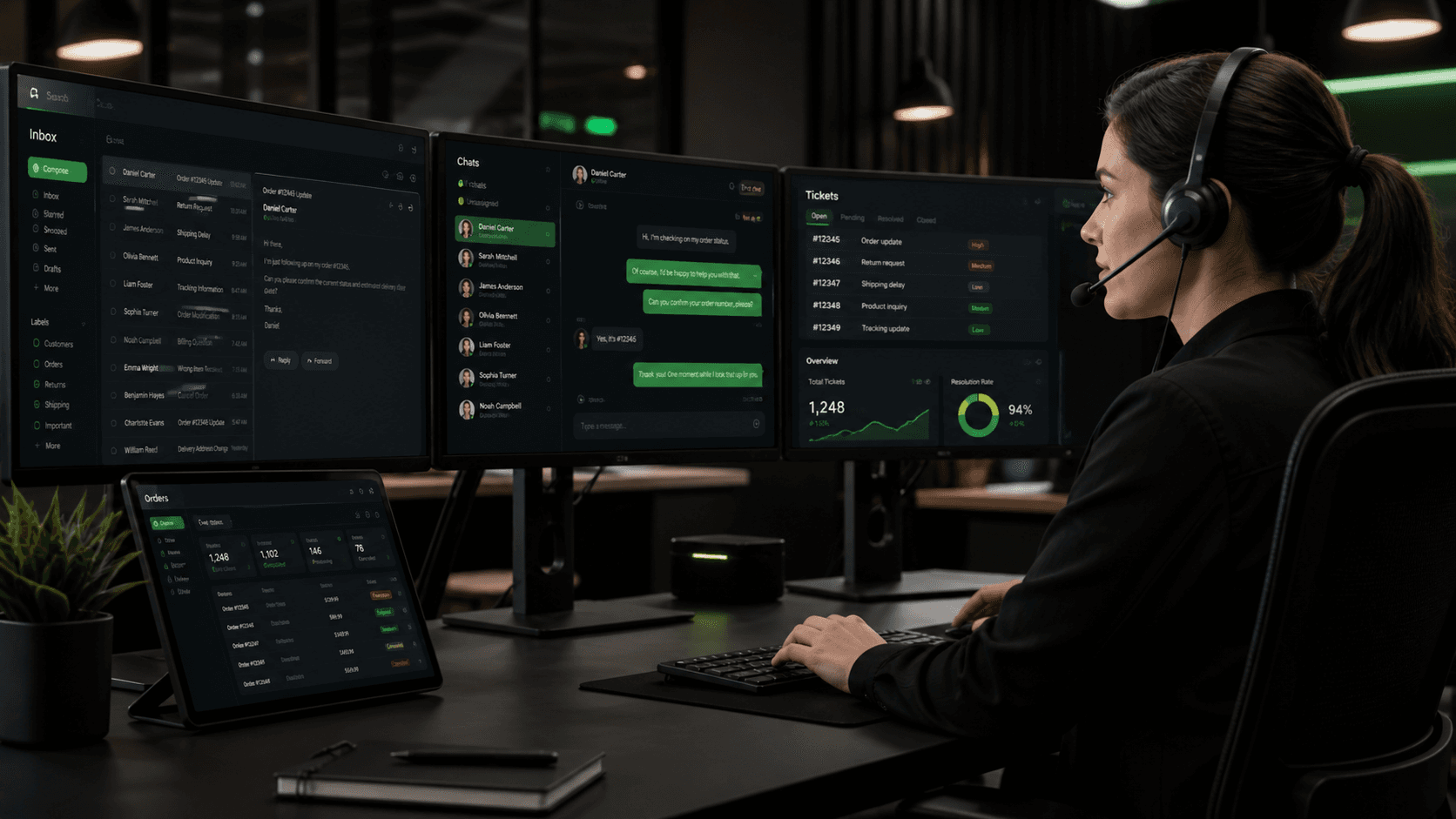 Customer support agent managing ecommerce tickets across multiple screens