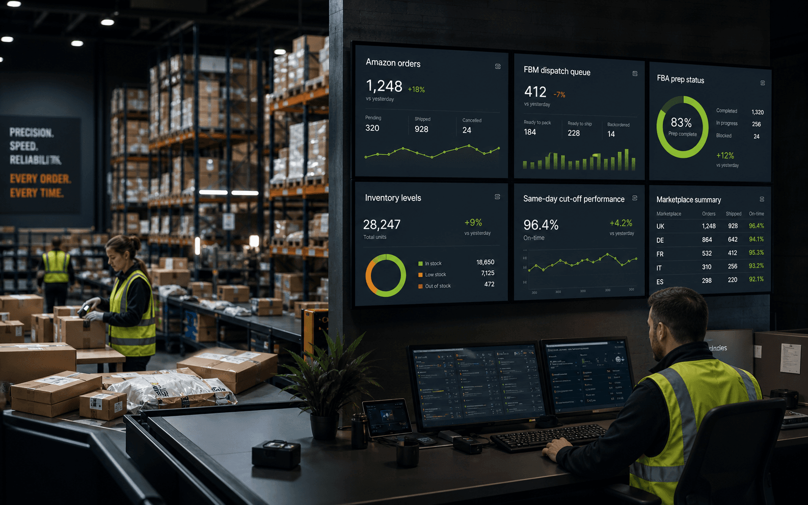 Amazon fulfilment operation with live order, FBA prep, inventory and marketplace dashboards