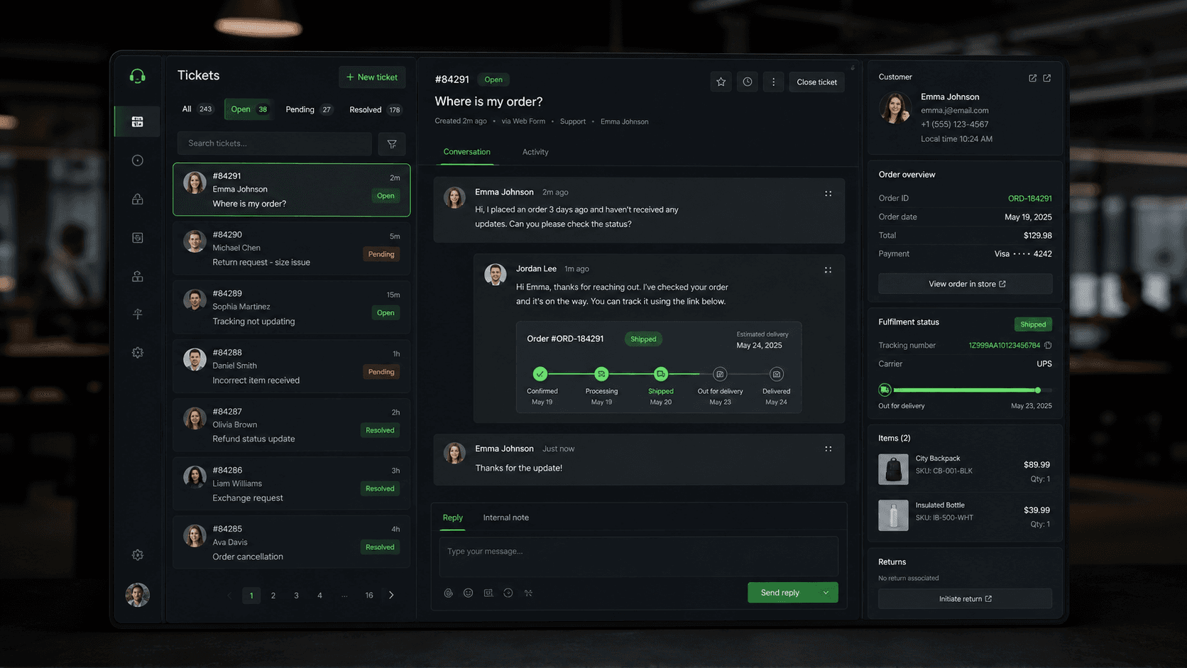 Customer support dashboard showing tickets, conversation history, order status, fulfilment status, and item details
