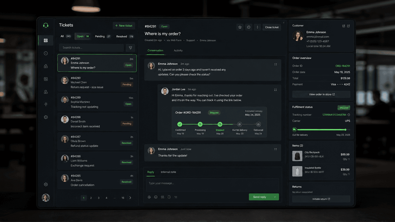 Customer support dashboard showing order status, tracking and customer conversation