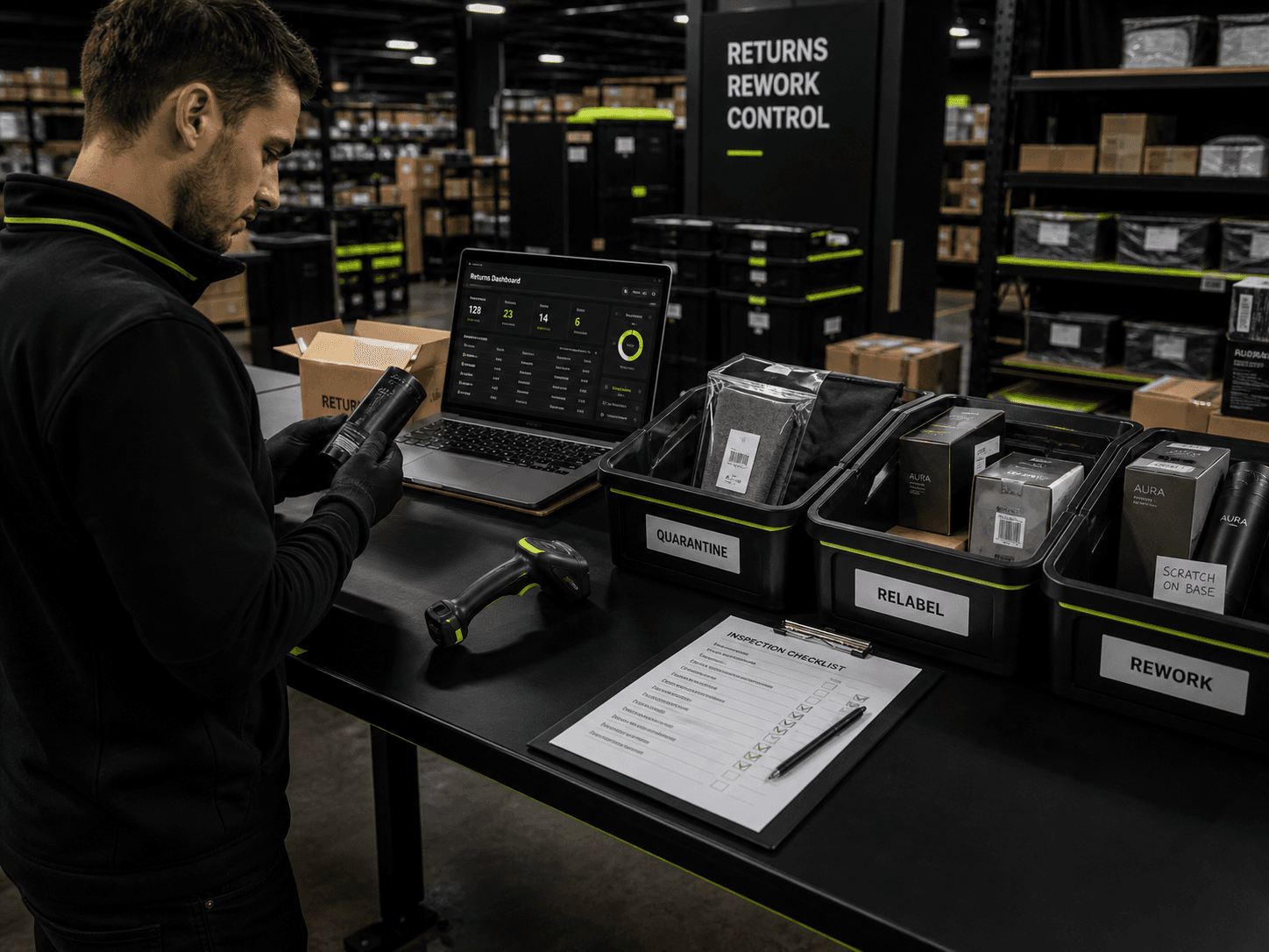 Amazon returns, inspection, quarantine, relabelling and rework station