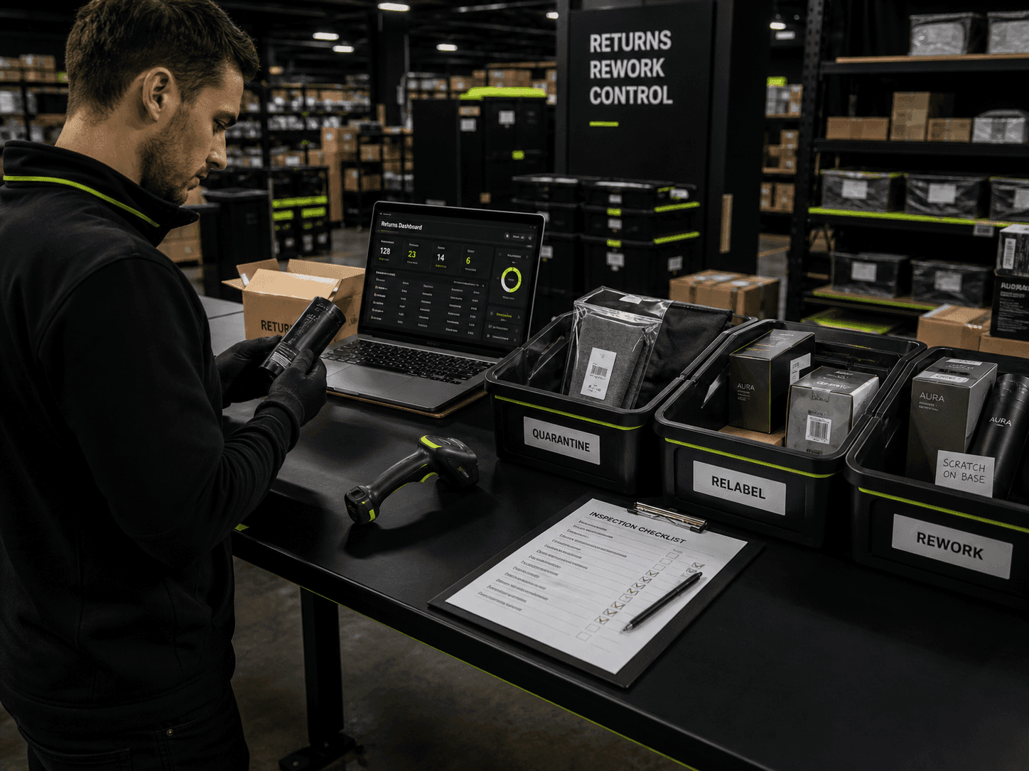Amazon returns, inspection, quarantine, relabelling and rework station